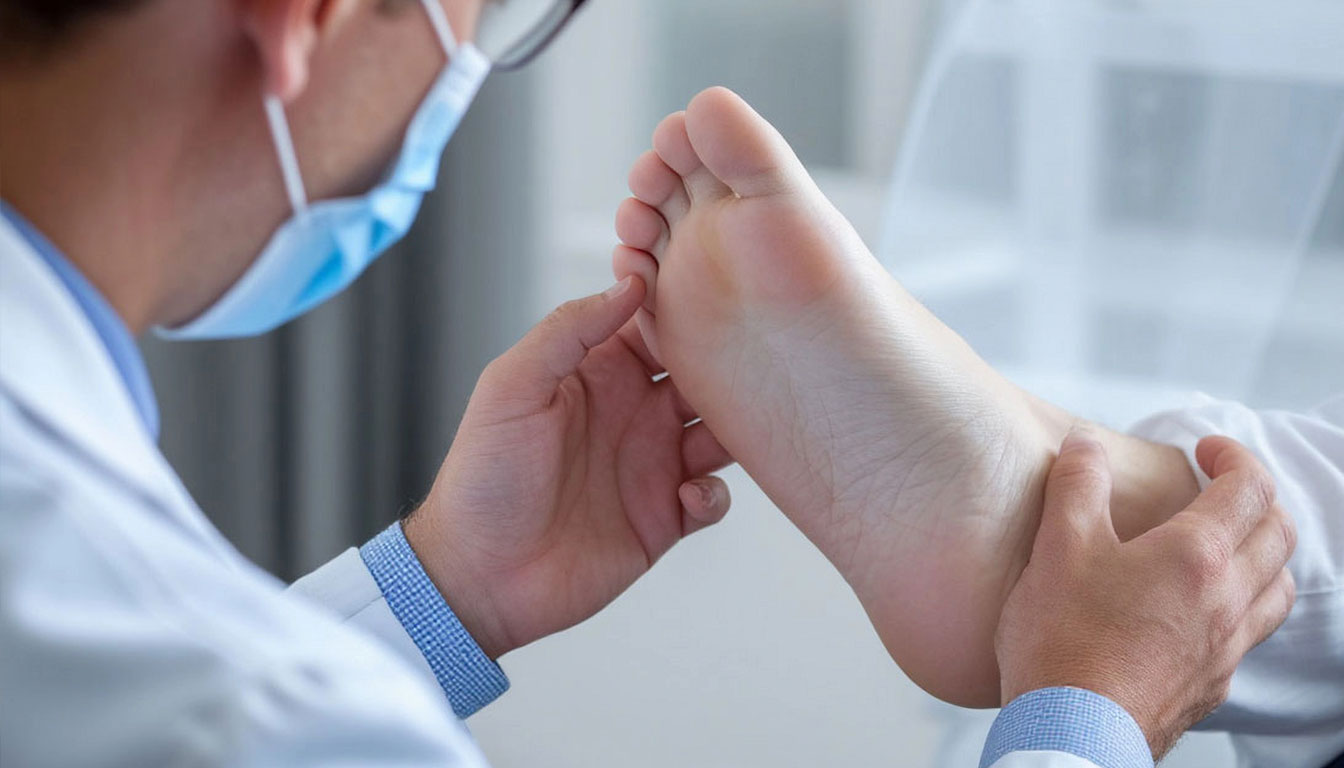 Врач осматривает поверхность стопы пациента